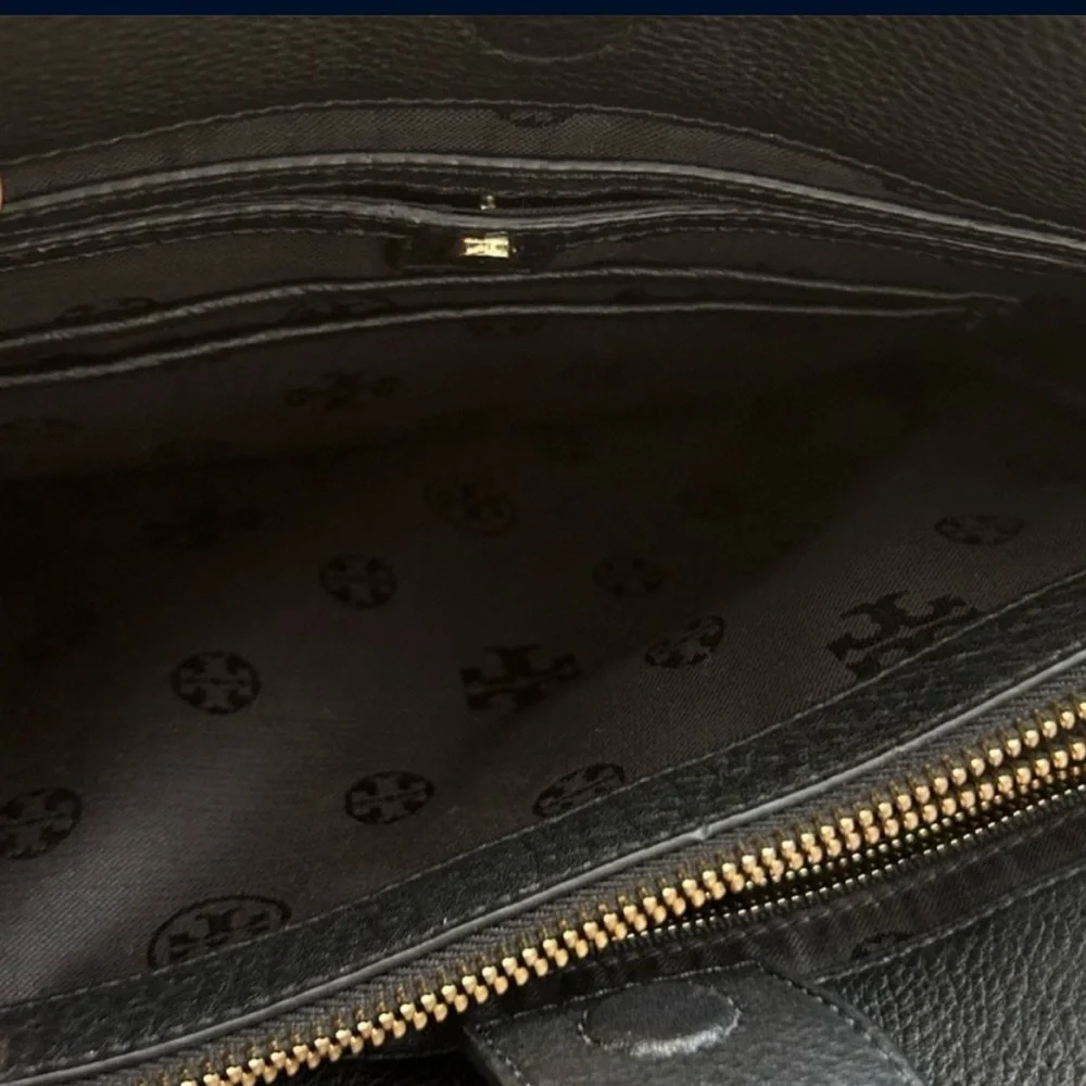 Tory Burch Black Leather Satchel with Gold Emblem